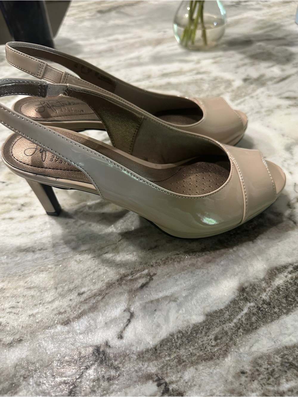 LifeStride Invest Taupe Patent Peep-Toe Slingback Heels - Picture 5 of 6